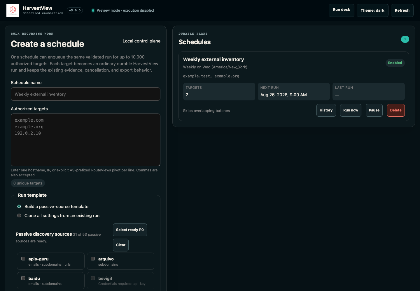 HarvestView scheduling interface for configuring scans